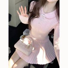 批发减龄木耳边娃娃领针织上衣高腰a<b class='q'>字</b>百褶<b class='q'>半身裙</b>女秋冬韩系针织套装