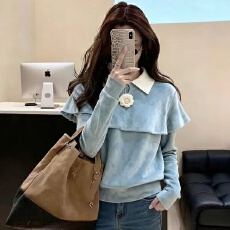 批发韩系初冬chic上衣富家千金小香风蓝色斗篷披肩假两件麂皮绒衬衫女