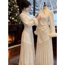 批发新中式气质国风立领加绒加厚<b class='q'>连衣裙</b>女装2025秋冬新款流苏旗袍长裙