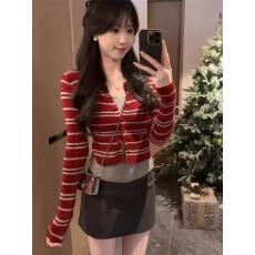批发圣诞穿搭新年红色<b class='q'>条纹</b>假两件针织开衫女秋冬修身显瘦内搭打底上衣