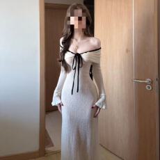 批发法式2026长袖连衣裙好看秋季温柔新款一字肩连衣裙修身气质长<b class='q'>裙子</b>