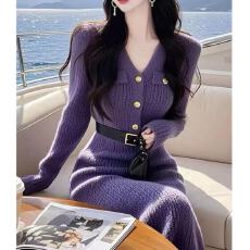 批发钓系约会名媛高端高级洋装气质香风紫色新款针织连衣裙子女秋<b class='q'>冬</b>