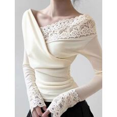 批发韩系复古杏色蕾丝拼接斜肩v领衫女秋冬新款高级感打底衫内搭<b class='q'>上衣</b>