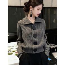 批发时尚优雅<b class='q'>轻熟</b>风灰色翻领长袖单排扣针织衫女秋冬款超好看洋气上衣