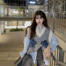 批发两件套装春秋款复古针织马甲背心外搭毛衣背心女叠穿长袖衬衣宽松