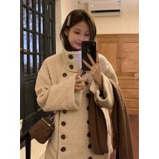 批发双排扣高领羊羔毛外套女冬季新款中长款温柔高级毛茸茸棉服上衣潮