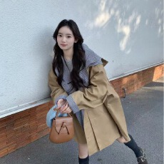 批发复古卡其色风衣女<b class='q'>春</b>秋新款高级感拼接格子中长款大衣连帽外套韩系