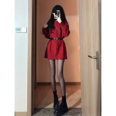 批发慵懒风针织麻花毛衣连衣裙女2025秋<b class='q'>冬</b>新款中长款红色高领宽松上衣