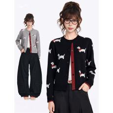 批发黑色小狗长袖针织开衫女早春季2026新款宽松显瘦短款毛衣外套上衣