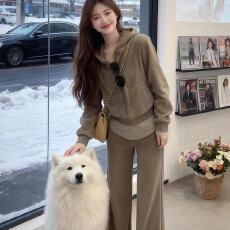 批发通勤慵懒风时尚纯色连帽短款卫衣外套<b class='q'>女</b>装冬季休闲百搭<b class='q'>长裤</b>两件套