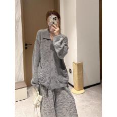 批发灰色翻领中长款针织开衫上衣<b class='q'>女</b>秋季2025新款休闲百搭<b class='q'>长裤</b>子两件套