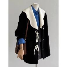 批发2025冬季甜美蝴蝶结立体装饰设计感呢子上衣娃娃领单排扣简约外套