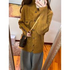 批发软糯芥黄色高领设计感毛衣外套<b class='q'>女</b>冬季穿搭慵懒风宽松针织开衫上衣