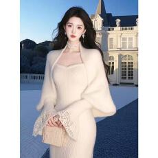 批发甜美慵懒风高级感气质<b class='q'>名媛</b>穿搭秋季小香风白色披肩连衣裙针织<b class='q'>套装</b>