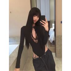 批发黑色蕾丝镂空长袖连体衣女春季美式辣妹御姐风显瘦打底衫T恤上衣