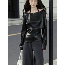 批发2026仿皮吊带假两件亮面拼接<b class='q'>大码</b>百搭遮肚<b class='q'>长袖</b>宽松上衣显瘦T恤胖m