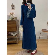 批发新中式复古立领改良旗袍女秋冬季加绒加厚<b class='q'>优雅</b>高级气质显瘦连衣裙