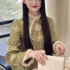 批发新中式国风<b class='q'>女装</b>高端绿色印花外套冬季今年流行高级感唐装上衣