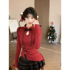 批发新年聚会套装春秋<b class='q'>修身</b>显瘦设计感红色新中式上衣+半身裙两件套女