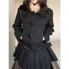 批发拼接毛毛可拆卸毛领毛呢外套<b class='q'>连衣裙</b>女秋冬加厚百褶下摆呢子短裙潮
