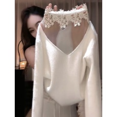 批发2025冬季新款法式温柔风蕾丝拼接V领长袖打底衫修身显瘦优雅上衣