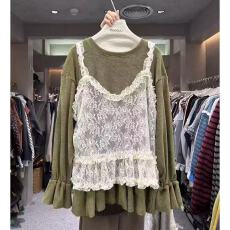 批发圆领长袖拼接荷叶边纯色t恤女配蕾丝<b class='q'>吊带</b>两件套2025秋季新款上衣