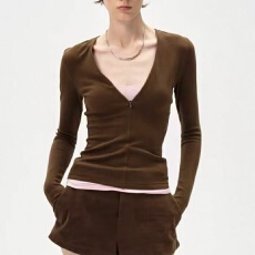 批发美式复古辣妹简约气质修身撞色修身V领半门襟假两件长袖显瘦<b class='q'>T</b><b class='q'>恤</b>女