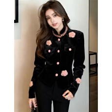 批发法式名媛风拼接撞色立体花朵钉珠排扣长袖外套女2026春季新款上衣