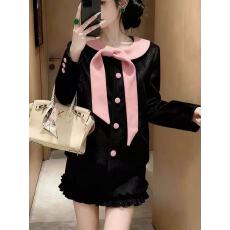 批发法式千金洋装气质高级感巨好看小香风黑色外套/高腰a字短裙两件套