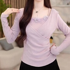 批发假两件手工花朵拼接长袖t恤女纯欲风修身小心机别致绝美<b class='q'>短款</b>上衣