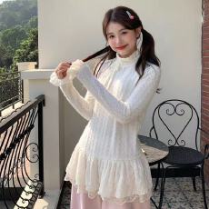 批发蕾丝设计花边打底春季新款甜美可爱宽松高领<b class='q'>长袖</b>白色百搭上衣爆款
