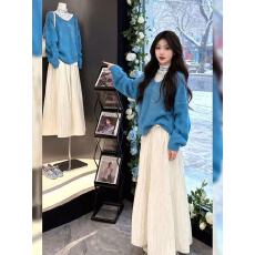 批发法式初恋软糯糯气质纯色宽松毛衣+碎花打底衫+乳白色半身裙三件套