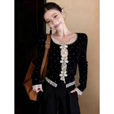 批发韩系<b class='q'>性感</b>穿搭镂空<b class='q'>蕾丝</b>拼接长袖女2026年早春新款修身显瘦波点上衣