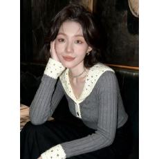 批发美式复古正肩V领长袖针织<b class='q'>t</b><b class='q'>恤</b>女秋季修身显瘦巨好看打底内搭上衣潮