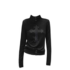 批发高领毛边暗调烫钻长袖t恤女春季新款套指弹力修身朋克打底衫上衣