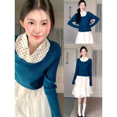 套装女韩系甜美风气质波点拼接假两件修身针织上衣高腰显瘦半身裙