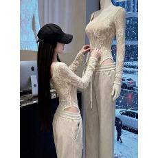 批发2026新款性感风长袖蕾丝衫女修身打底衫秋季白色纯欲连体圆领上衣