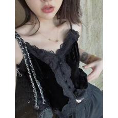 superniniyy 定染中古甜茶复古混搭绝美蕾丝丝绒拼接V领吊带背心