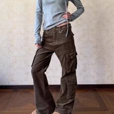 批发美式辣妹多口袋工装裤男女高街vibe美德拉<b class='q'>修身</b>微喇直筒休闲长裤子