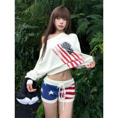 批发白色斜肩<b class='q'>卫衣</b>女春秋薄款个性印花<b class='q'>长袖</b>美式高街辣妹露肩宽松上衣潮