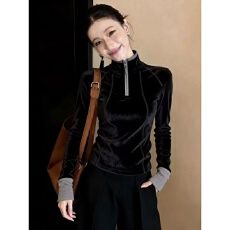 批发撞色2026春季女轻熟通勤黑色上衣半拉链立领内搭外穿显瘦<b class='q'>长袖</b>质感