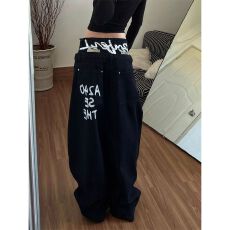 批发胖mm美式vibe复古双腰头拼接牛仔裤大码高街潮流字母印花弯刀长裤