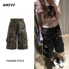 批发大码设计感廓形迷彩多口袋工装裤女2026夏季街头美潮印花七分中裤