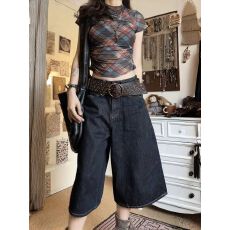 批发美式复古中性风阔腿牛仔短裤女夏季高街设计宽松显瘦直筒七分裤子