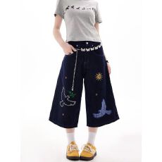 批发日系复古街头设计感深蓝色阔腿牛仔七分裤女休闲嘻哈ins百搭