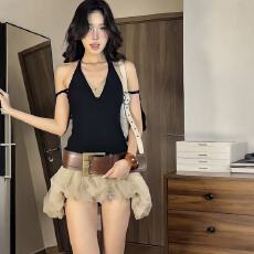 批发摩登复古黑色V领挂脖背心女小众不规则网纱<b class='q'>蓬蓬</b>半身<b class='q'>裙套装</b>