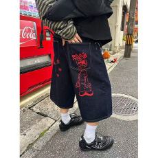 批发美式卡通印花阔腿牛仔<b class='q'>七分裤</b>春夏<b class='q'>男</b>女宽松休闲<b class='q'>短裤</b>嘻哈滑板bboy