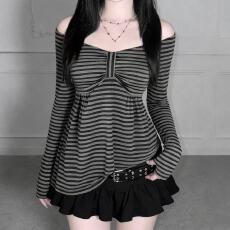 批发哈尼宝藏店韩系轻亚风Y2K少女蝴蝶结条纹一字领<b class='q'>长袖</b><b class='q'>T</b><b class='q'>恤</b>A摆上衣ins