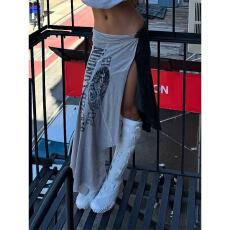 批发半身裙女<b class='q'>欧美</b>纯欲ins风个性街头开叉字母印花撞色不规则<b class='q'>长裙</b>