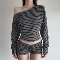 批发新款美式简约<b class='q'>休闲</b>撞色条纹斜肩T恤+<b class='q'>短裤</b>抽绳运动套装